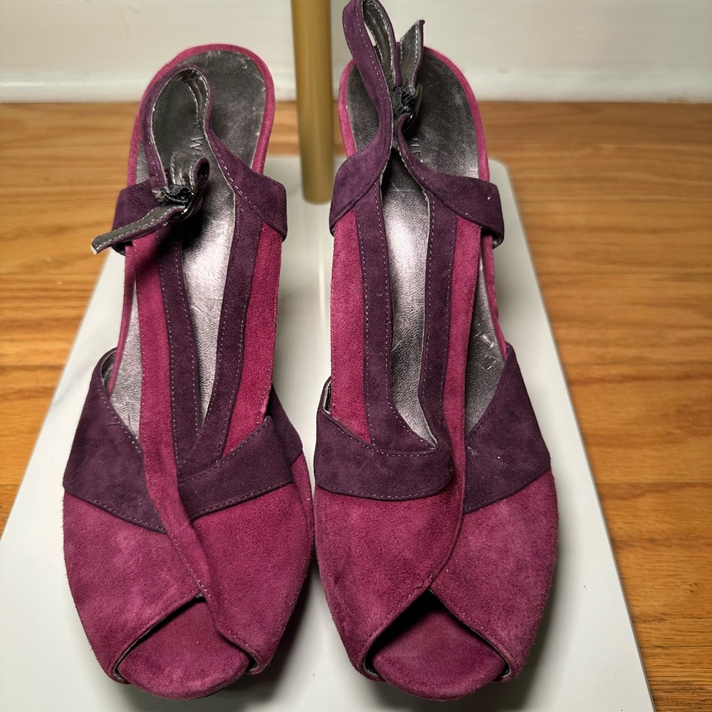Nine West Two-Tone Plum Suede Peep-Toe Slingback Heels